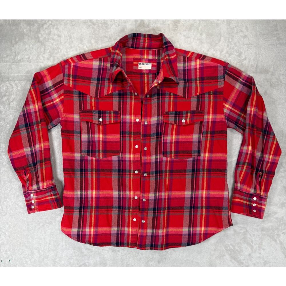 Free People We The Free Western Pearl Snap Plaid Flannel Shirt Red Large Cotton - Picture 1 of 8